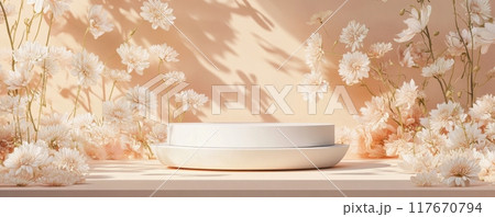 Elegant Korean chrysanthemum pattern in pastel tones with soft floral arrangement and minimalistic design on display backdrop Elegant Korean chrysanthemum pattern in pastel tones with soft floral arrangement and minimalistic design on display backdrop 117670794