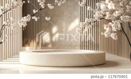 Serene Japanese cherry blossom garden with a circular stone sculpture surrounded by calming soft light and delicate sakura branches. Serene Japanese cherry blossom garden with a circular stone sculpture surrounded by calming soft light and delicate sakura branches. 117670801