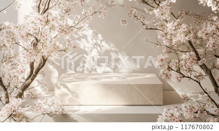 Japanese sakura cherry blossom branches framing a minimalist stone box in soft sunlight, creating a serene and elegant scene ideal for spring themes and nature-inspired designs Japanese sakura cherry blossom branches framing a minimalist stone box in soft sunlight, creating a serene and elegant scene ideal for spring themes and nature-inspired designs 117670802