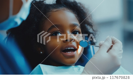 Young girl smiling during a dental check-up, sitting in the dentist chair with dentist examining her teeth using a mirror tool 117670828