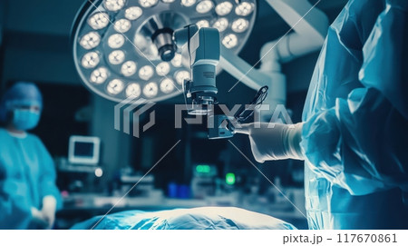 Robotic arm performing precision surgery in modern operating room with medical team and advanced technology in a sterile hospital environment. Robotic arm performing precision surgery in modern operating room with medical team and advanced technology in a sterile hospital environment. 117670861