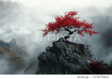 Red-flowered bonsai tree on misty mountain peak symbolizing resilience, beauty, and solitude in nature's dramatic landscape Red-flowered bonsai tree on misty mountain peak symbolizing resilience, beauty, and solitude in nature's dramatic landscape 117670925