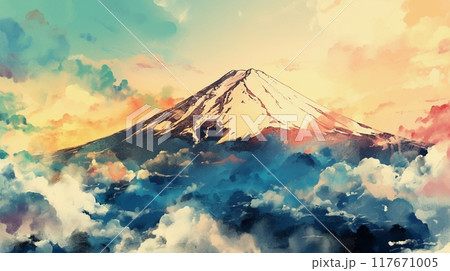 美しい富士山の水彩風景画1 117671005