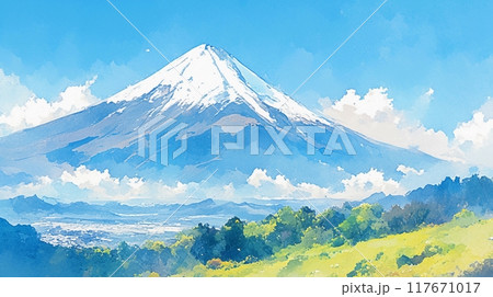 美しい富士山の水彩風景画12 117671017