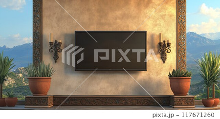 A Mediterranean-style living room with a flat-screen TV on a stone wall, surrounded by lush greenery. 117671260
