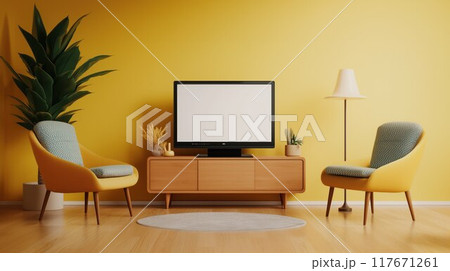 A minimalist living room with a flat-screen TV on a wooden console, featuring a vibrant yellow color palette. 117671261
