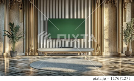 A modern green screen television set displayed in a cozy room with soft lighting and antique furnishings. A modern green screen television set displayed in a cozy room with soft lighting and antique furnishings. 117671275