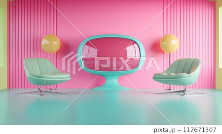 A modern living room with a vibrant TV display, adding a pop of color to the sleek, minimalistic decor. 117671307