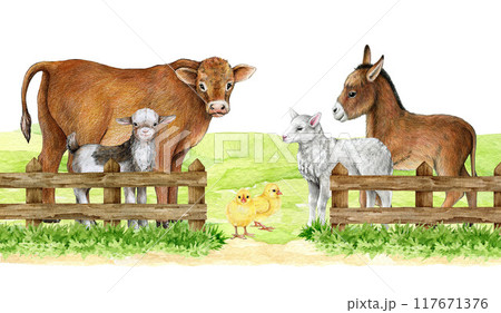 Farm animals on a green field protected by wooden fence. Vintage style illustration. Hand drawn cow, sheep, goat, donkey standing behind old fence. Farm animals on the pasture countryside image 117671376