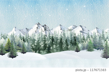 Winter wonderland countryside landscape with pine tree forest, mountain range. Vintage style painted illustration. Winter season landscape scene with mountains, coniferous forest, snowdrifts, ice Winter wonderland countryside landscape with pine tree forest, mountain range. Vintage style painted illustration. Winter season landscape scene with mountains, coniferous forest, snowdrifts, ice 117671383