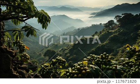 Drone footage sweeps over coffee plantations detailing coffee plantations' topography and the lush, vibrant life within coffee plantations 117671820