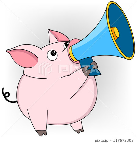 fat pig carrying a megaphone is giving information fat pig carrying a megaphone is giving information 117672308