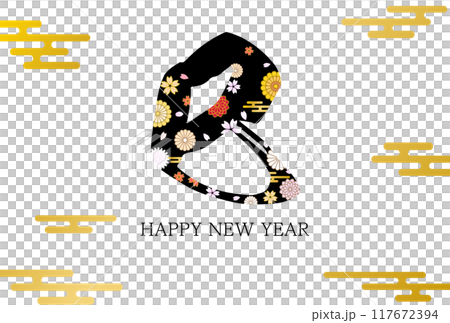 2025蛇年日式新年賀卡、花卉字母和日式圖案霧霾 117672394
