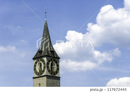 Clock tower of St. Peter's Church, Zurich, Switzerland.The steeple's clock face has a diameter of 12.30 m, the largest church clock face in Europe. 117672445