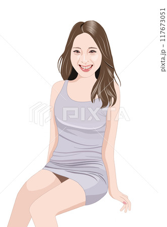 椅子に座る笑顔の髪の長い女性イラスト 117673051