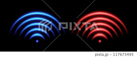 WiFi or scanner light effect, red and blue glowing sonic waves, good or bad signal concept. 117673495