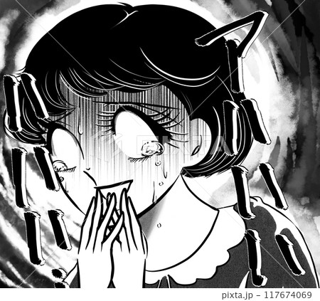 大ショックで白目で涙を流す昭和レトロ少女漫画のおかっぱ女子と暗雲背景 117674069