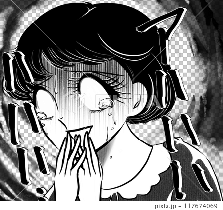 大ショックで白目で涙を流す昭和レトロ少女漫画のおかっぱ女子と暗雲背景 117674069