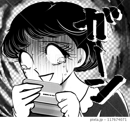 1970年代昭和復古少女卡通單色插畫黑髮女人臨薪前手頭緊 117674071