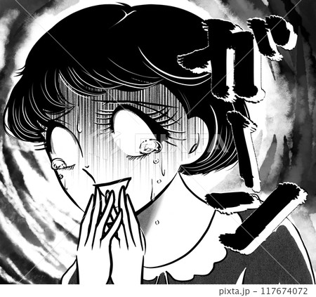 大ショックで白目で涙を流す昭和レトロ少女漫画のおかっぱ女子と暗雲背景 大ショックで白目で涙を流す昭和レトロ少女漫画のおかっぱ女子と暗雲背景 117674072