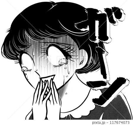 大ショックで白目で涙を流す昭和レトロ少女漫画のおかっぱ女子白背景 117674073