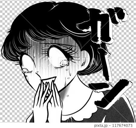 大ショックで白目で涙を流す昭和レトロ少女漫画のおかっぱ女子白背景 117674073