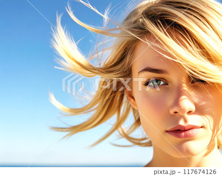 風に吹かれる女性 117674126