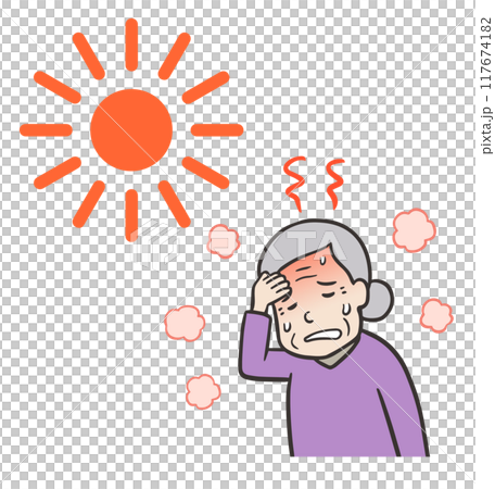 An elderly woman sweating in the heat and suffering from heatstroke 117674182