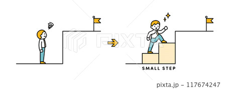 困難な目標をスモールステップで達成するビジネスマンのイラスト 117674247