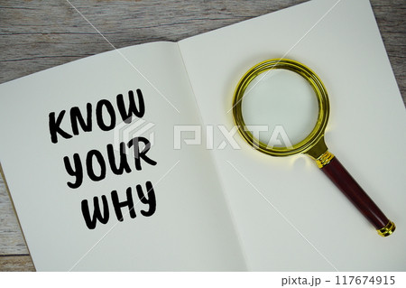 Know Your Why text message written on note page with magnifying glass top view on wooden background 117674915