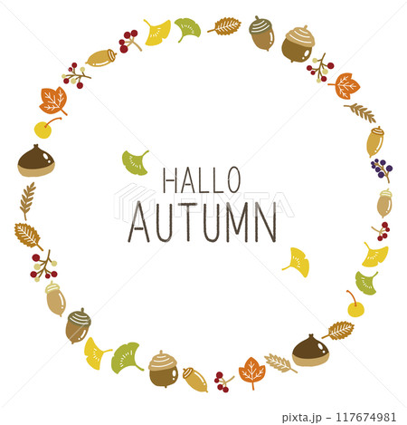 秋の木の葉と木の実のフラットな丸フレーム 117674981
