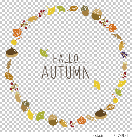 Flat round frame of autumn leaves and nuts Flat round frame of autumn leaves and nuts 117674981