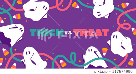 かわいいゴーストとキャンディコーンのポップなハロウィンフレーム かわいいゴーストとキャンディコーンのポップなハロウィンフレーム 117674990