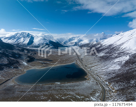 Aerial view of beautiful snow mountains and lake in Tibet,China 117675494