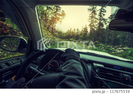 Driving car in the forest mountain trail, China 117675539