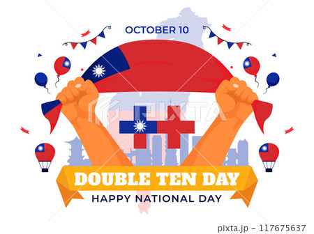 Happy Double Ten National Day Vector Illustration on October 10 with Taiwan Waving Flag and Balloons in a Holiday Flat Style Cartoon Background 117675637