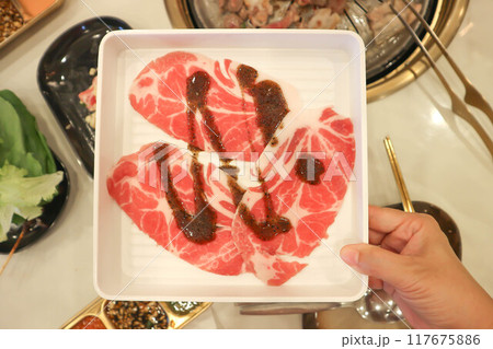 raw pork or sliced pork and beef or meat raw pork or sliced pork and beef or meat 117675886