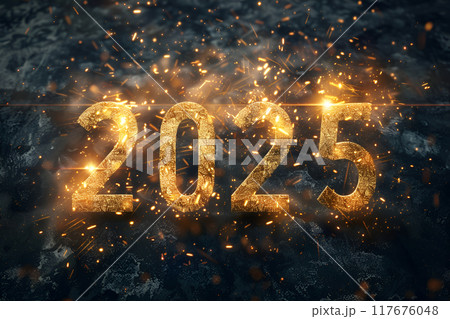 HAPPY NEW YEAR 2025 in gold. Festive Silvester New Year's Eve Sylvester Party background, greeting card template 117676048
