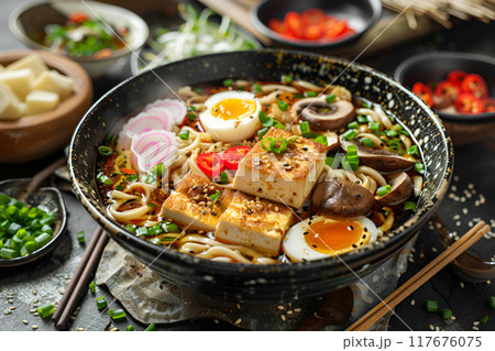 Miso Ramen Asian noodles soup with tofu, egg and vegetables 117676075