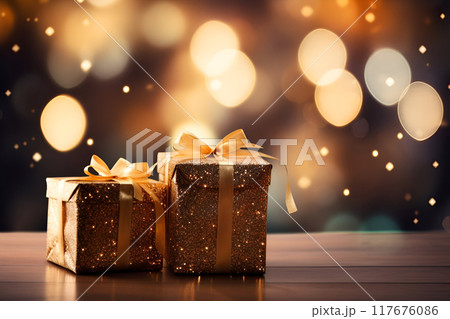 Shiny Christmas gift boxes with ribbon bows against blurred festive lights, space for text Shiny Christmas gift boxes with ribbon bows against blurred festive lights, space for text 117676086
