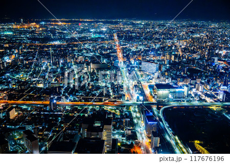 View of Osaka by night from Abeno Harukas Building, Japan View of Osaka by night from Abeno Harukas Building, Japan 117676196