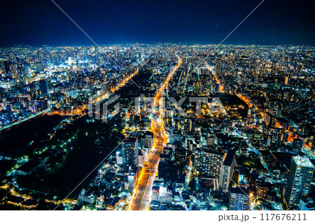 View of Osaka by night from Abeno Harukas Building, Japan View of Osaka by night from Abeno Harukas Building, Japan 117676211