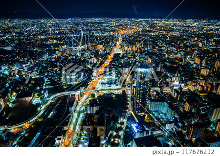 View of Osaka by night from Abeno Harukas Building, Japan 117676212