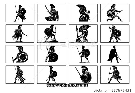 Kneeling ancient Greek warrior in helmet with spear. Black and white silhouette. 117676431