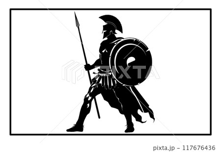 Kneeling ancient Greek warrior in helmet with spear. Black and white silhouette. 117676436