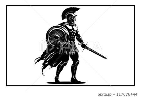 Kneeling ancient Greek warrior in helmet with spear. Black and white silhouette. 117676444