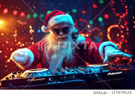 Santa Claus DJ playing music on a turntable at a lively party. The concept blends the joy of holiday celebrations with modern music culture. Generative AI. Santa Claus DJ playing music on a turntable at a lively party. The concept blends the joy of holiday celebrations with modern music culture. Generative AI. 117676529