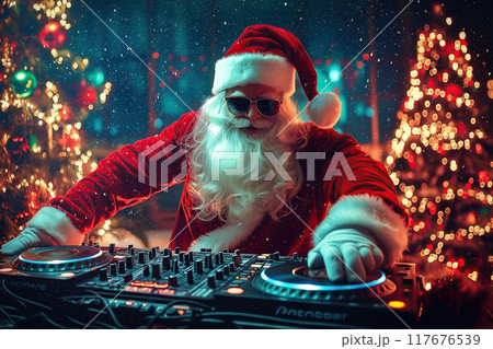 Santa Claus DJ playing music on a turntable at a lively party. The concept blends the joy of holiday celebrations with modern music culture. Generative AI. 117676539