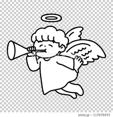A cute angel playing a trumpet - line drawing 117676935