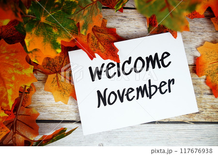 Welcome November text with maple leaf decotion top view on wooden background 117676938